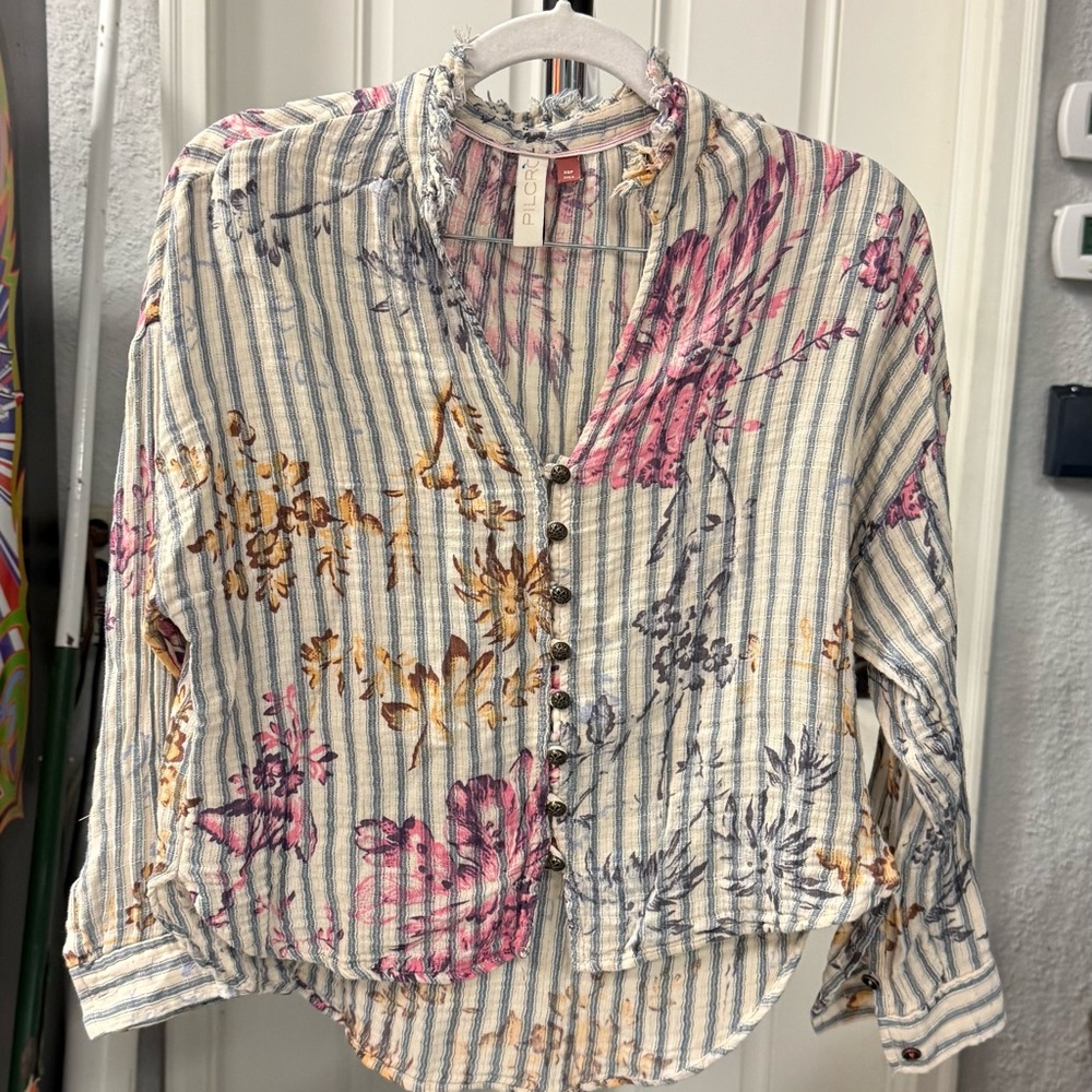 Pilcro Floral Striped Button-Up Blouse